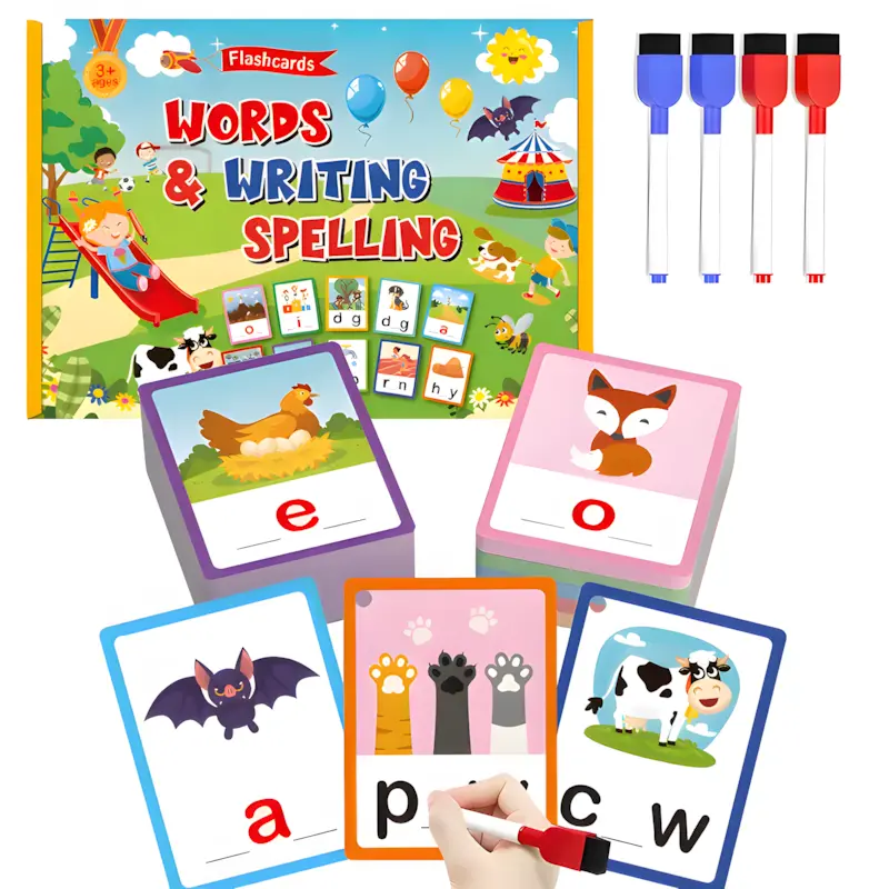 100PCS Montessori CVC Word Flash Cards Set - 3+ Years Preschool Learning Toys with Dry Erase Pens, Phonics Reading Game, Spelling Writing Practice, Reusable Educational Supplies for Kindergarten Homeschool