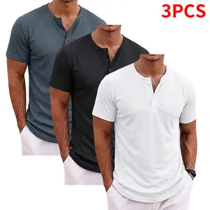 3-piece set: summer men’s Henley-collar short-sleeve T-shirts made from breathable textured knit fabric, slim fit, skin-friendly, comfortable, and cool—ideal for everyday commuting and vacations; a top choice for men’s summer apparel. Men’s clothing.,summ