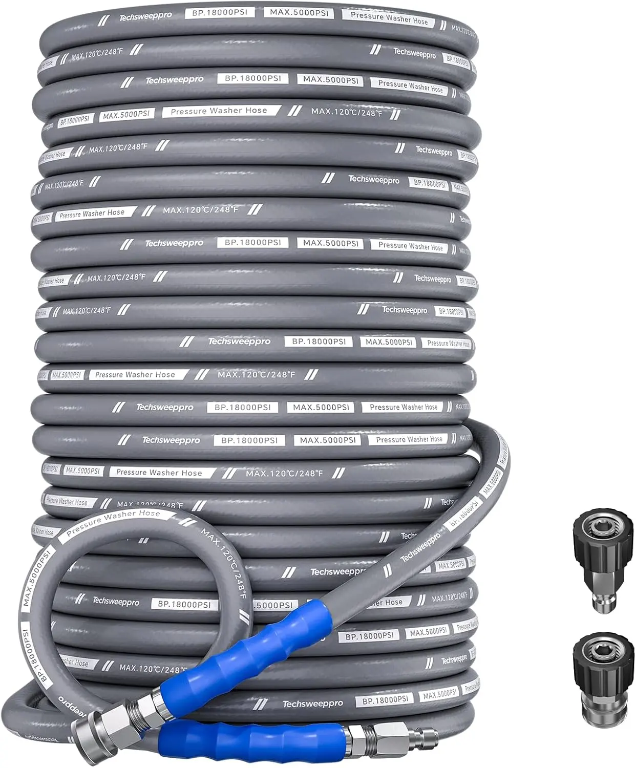POHIR 100ft High Tensile Kevlar Aramid Fiber Pressure Washer Hose, 5000 PSI Flexible 3/8" Quick Connect, Anti-Kink Lightweight Grey, 2 M22 14mm Adapters for Driveways, Tubing Pipes, Pipe Fittings & Accessories, Hose Attachments
