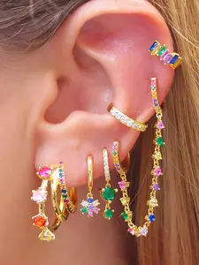 6 Pcs Luxury 24K Gold Plated Cubic Zirconia Multicolor Stud Earrings Set For Women Colorful Zircon Chain Hoop Earrings Pack Flower Drop Dangle Earrings Stack Fashion Jewelry Gift