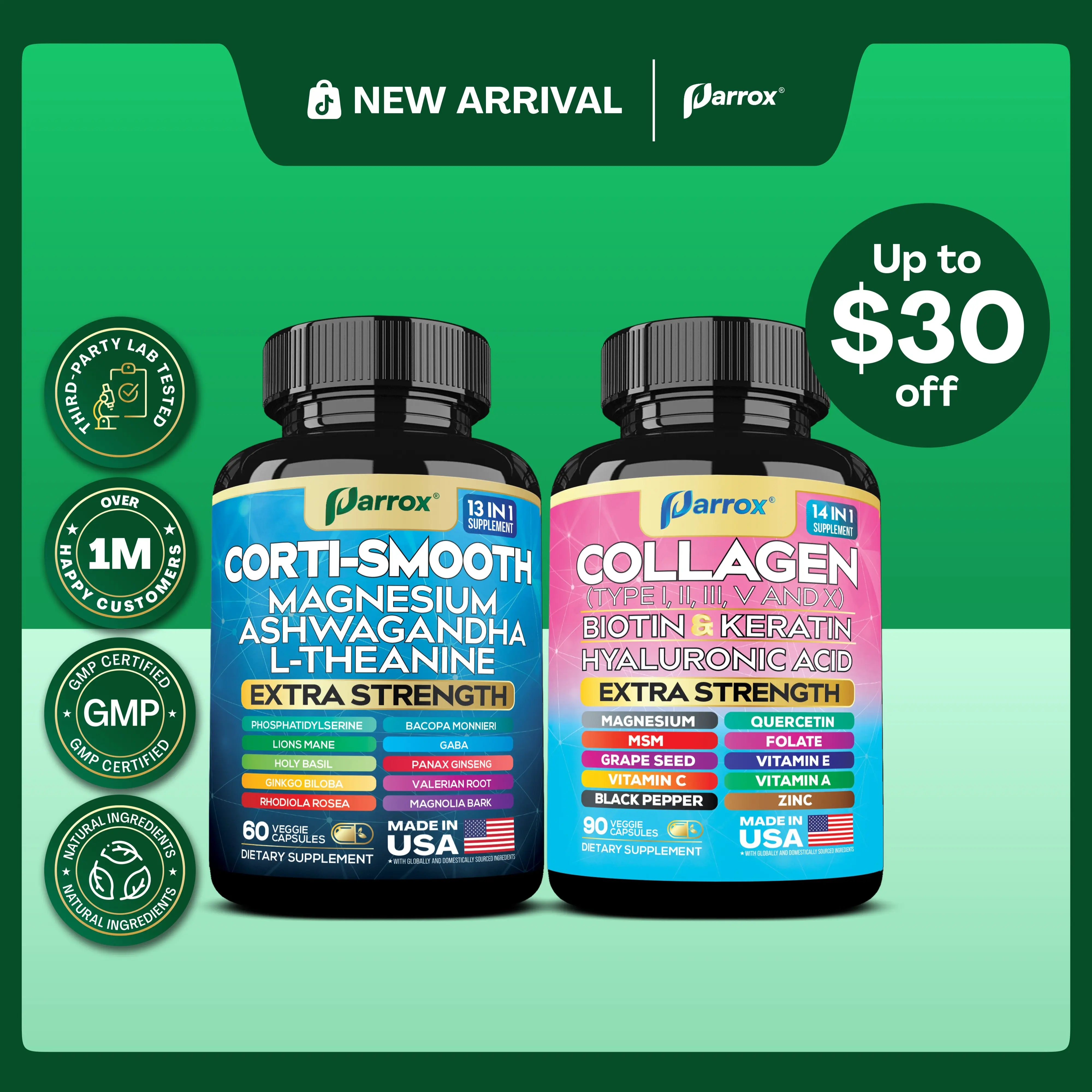 PARROX Shining Serenity Set - Collagen & Cortisol All-in-One Multivitamin Combo - Made in USA with Extra Strength Ingredients