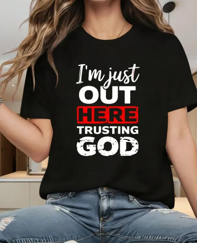 Men's Oversize Relaxed Fit Christian Graphic T-Shirt - 'Trusting God' Print, Short Sleeve Crewneck Top, Soft Breathable Fabric, Casual Menswear Tshirt, Shortsleeve, Round Neck