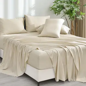 PHF 6PCS 100% Rayon Derived from Bamboo_ Sheets Set Queen Size, Cooling Sheets for Hot Sleepers, Wider Elastic Band & 16" Deep, Luxury Soft Breathable Bedding Set & Pillowcase, Natural