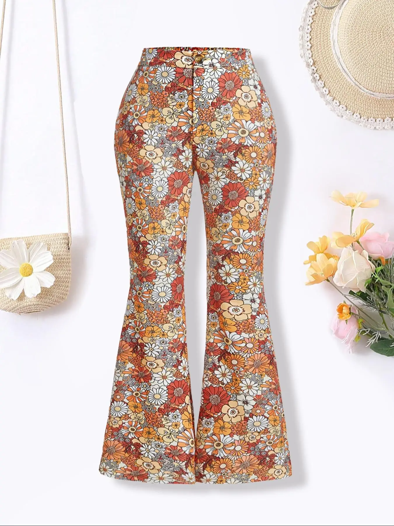 Girl's All Over Floral Print Flare Leg Pants, Casual Comfy Bell Bottom Trousers for Fall & Winter, Kids Bottoms for Daily Wear