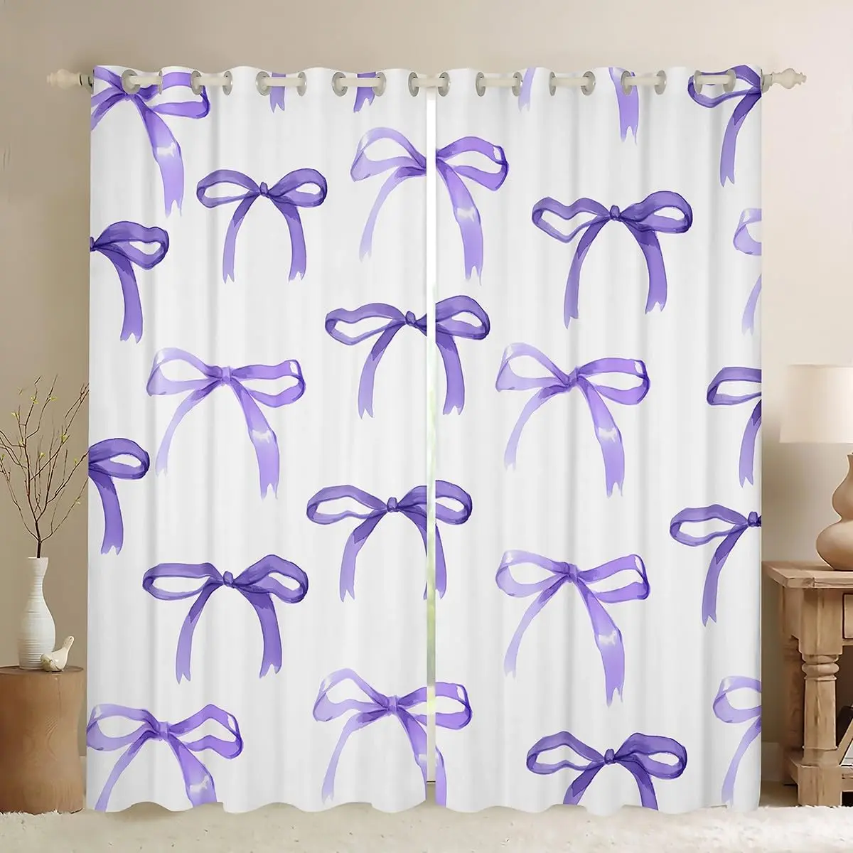 Bow Room Darkening Blackout Curtain (2 Panels) Purple Bow Curtains for Bedroom Living Room Cute Bowknot Blackout Curtains Kawaii Window Treatments