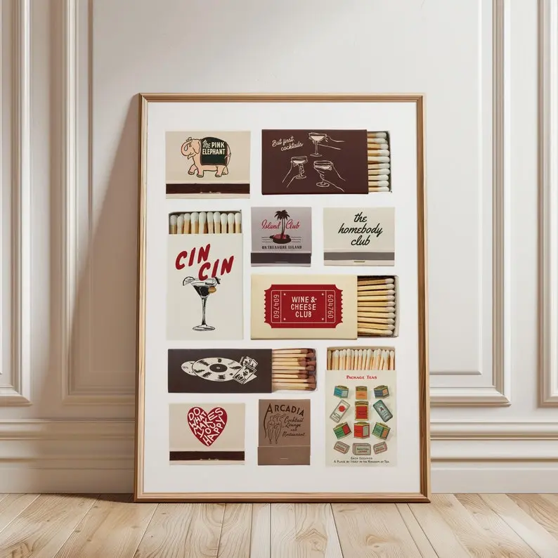 Vintage Matchbox Poster, Retro Matchbook Wall Art Poster, Trendy Matches Poster, Funky Aesthetic Kitchen Wall Prints, Apartment Dorm Room Wall Art Poster