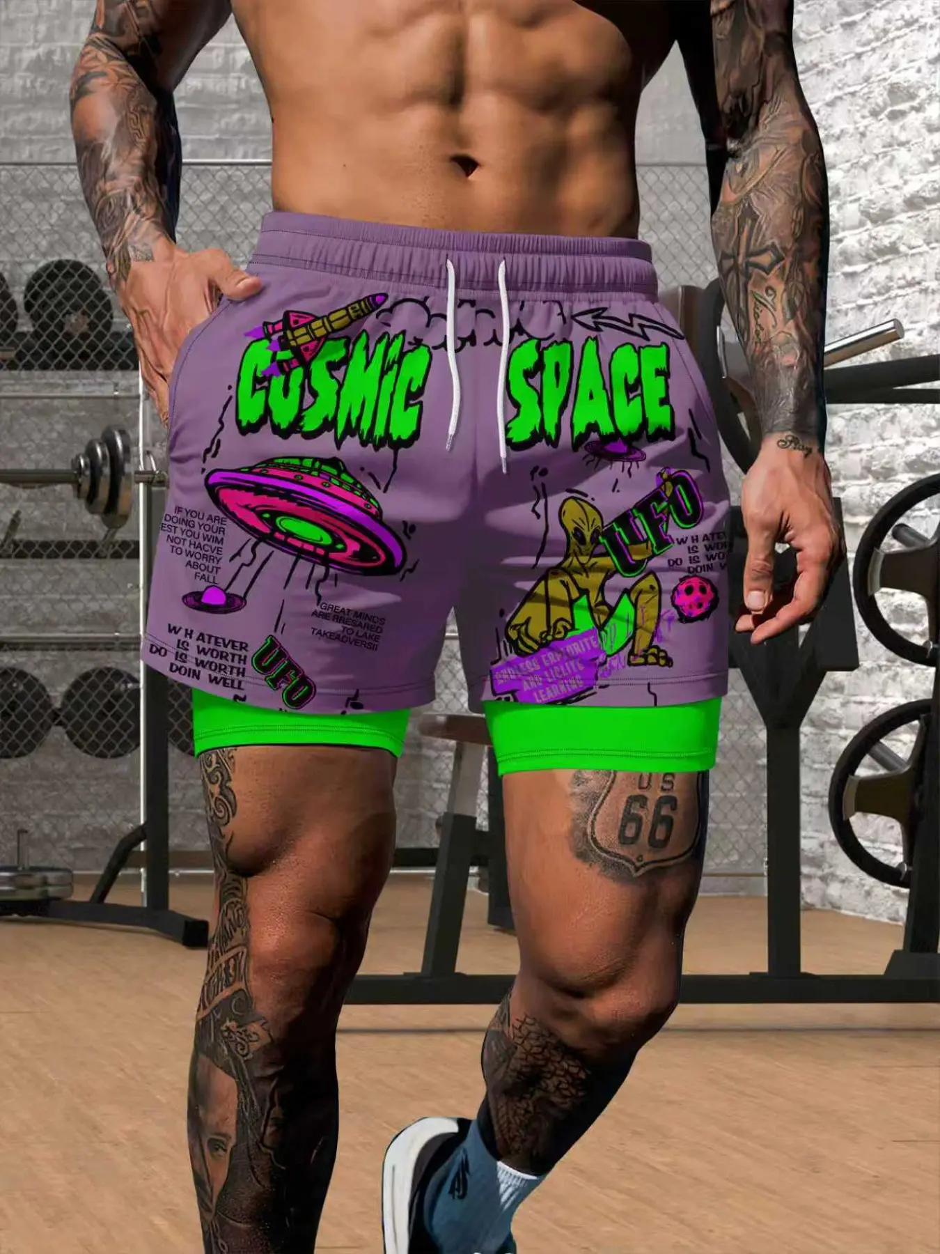 Men's Double-Layer Gym Shorts, Dual Layer Shorts, Outdoor Workout Shorts, Alien Print, Anti-Chafe Lining, Elastic Drawstring Waist, Drawstring Sports Shorts, Drawstring Athletic Shorts, Outdoor Training, Summer Fitness, Casual