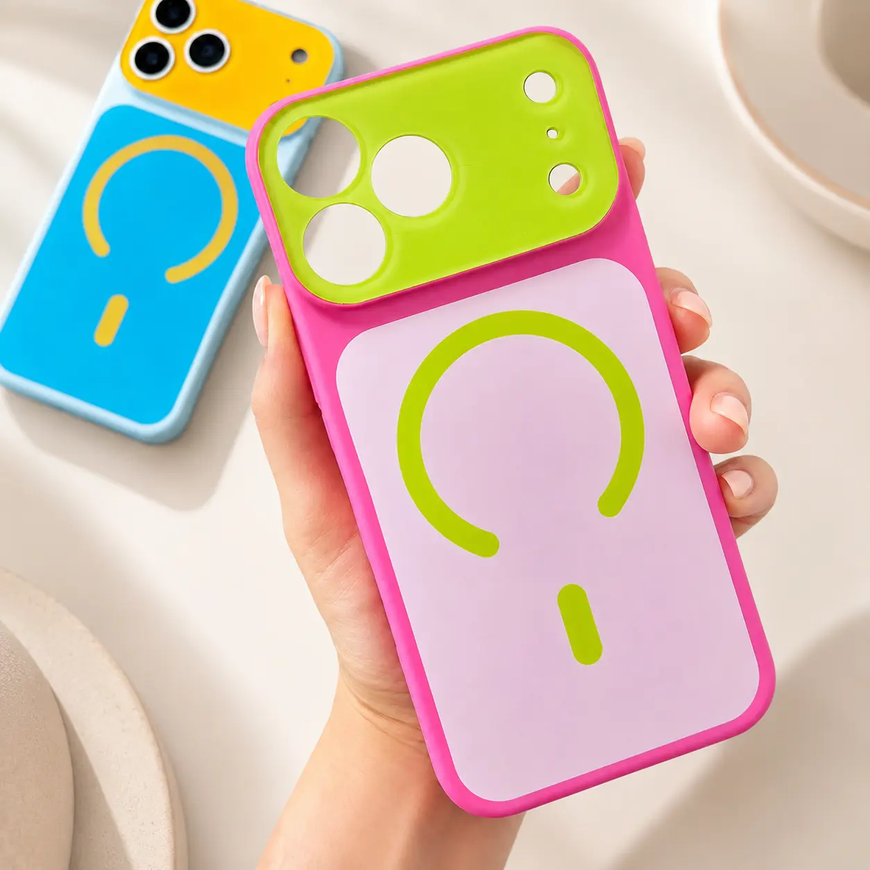 Dopamine Color Block Slim Phone Case for iPhone 17 16 15 14 13 Pro Max, Matte Hard PC Cover, Magnetic Wireless Charging Compatible with MagSafe(Not Strong), Lightweight Ultra Slim Fashion Case
