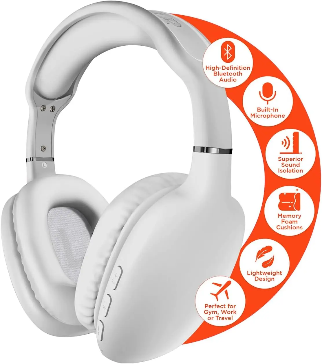 HyperGear Vibe Wireless Headphones Bluetooth 5.0 White Noise Isolation Over-Ear 40mm Drivers Built-in Mic for Gym Travel with Memory-Foam Cushions and Quick-Pairing