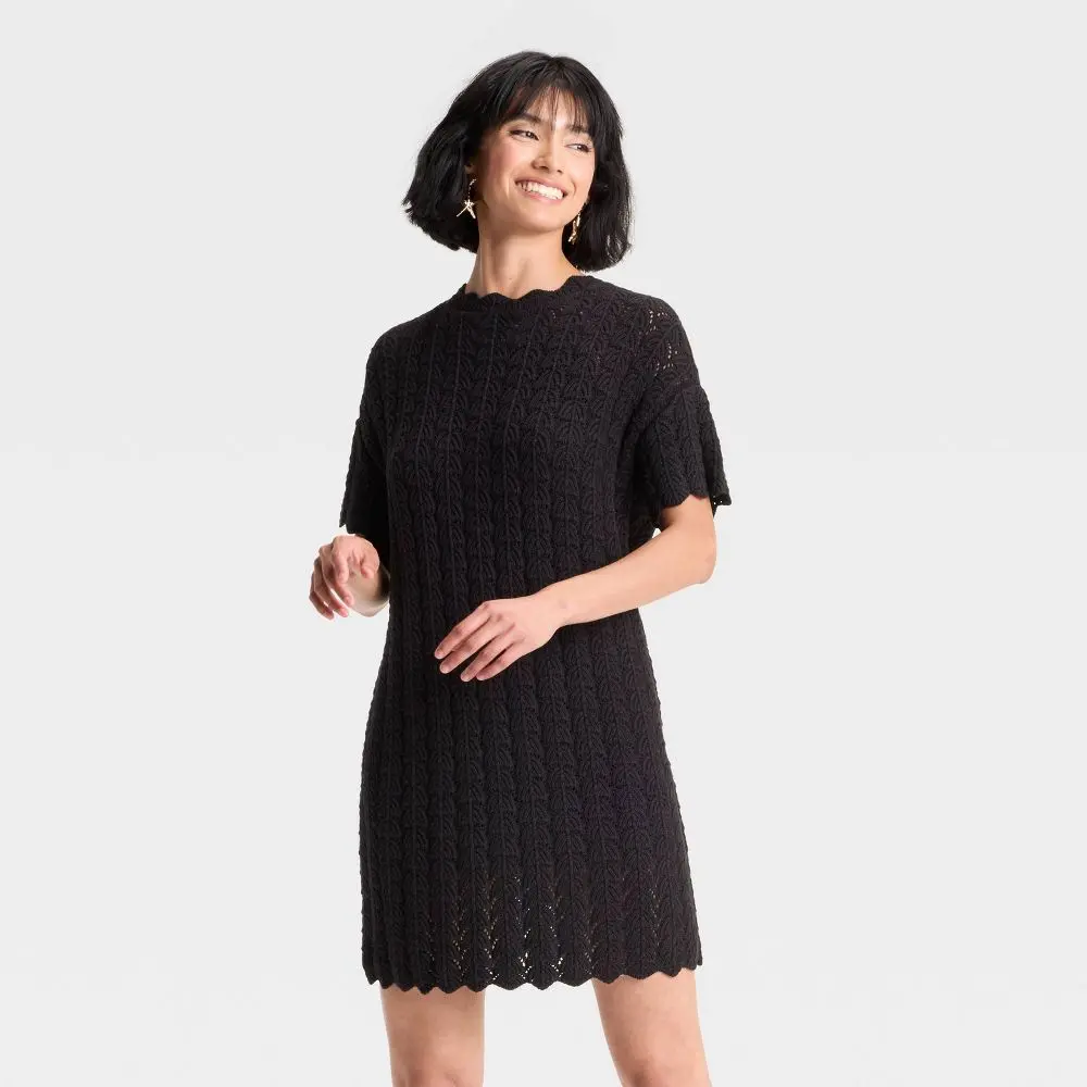 Women's Short Sleeve Pointelle Mini Sweater Dress - A