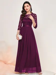 Miusol M22073 Women's Elegant Floral Lace 3/4 Sleeve Bridesmaid Formal Maxi Dress in Magenta Chic All Seasons Crewneck Basic Workwear SpringStatements