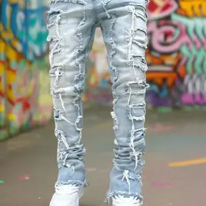 MenStreetwearHipHopStackedSplicedSlimStraightJeansPantsMaleStylishMotorcycleBikerDenimTrousers
