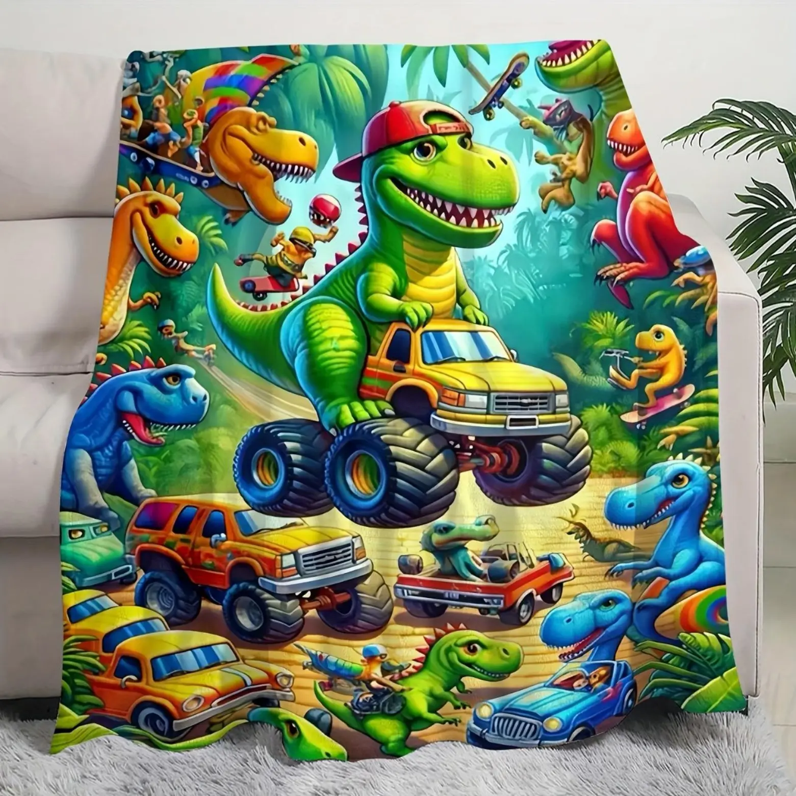 Soft Funny Throw Blanket Vibrant Cartoon Dinosaur Design,Comfortable Dinosaur Truck Flange Velvet Blanket,Perfect For Napping,Car Seats,And All Season Comfort