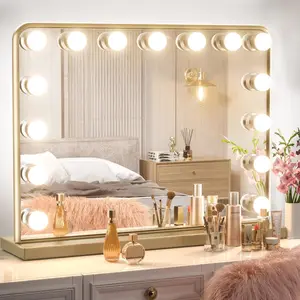 Gold vanity mirror with lights 15 replaceable bulbs hollywood makeup mirror with 2 replacement bulbs 3 color lights aluminum metal frame usb charging port 23 x 18 large lighted mirror
