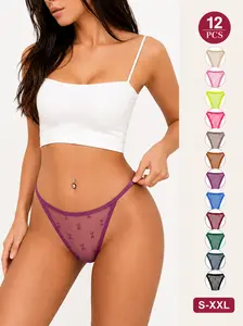 Women's 12-Pack Coquette Lace Thongs - Sexy G-String Panties, Low-Rise Mesh T-Back, Breathable No-Show Seamless Quasi-Cotton Floral Fabric Undergarments, Comfy Feminine for Outfits, Bodycon Dress Friendly, Multicolor