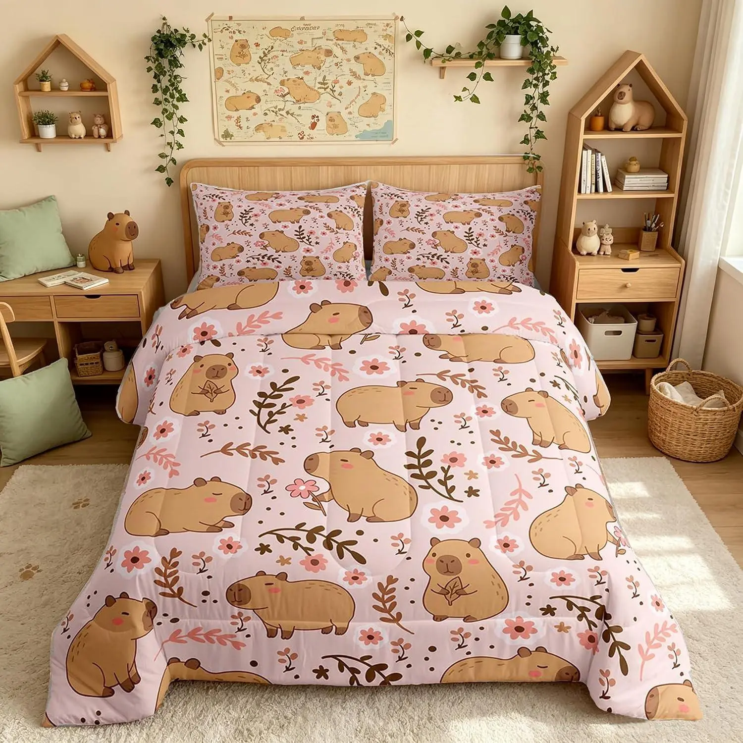 Capybara Comforter Set, Pink Brown Multi-Size Bedding with Cute Ocean Animal Prints, Cartoon Theme, Flower Print Decor, Ultra Soft Breathable Microfiber Duvet Quilt; Includes Essential Bedding Pieces