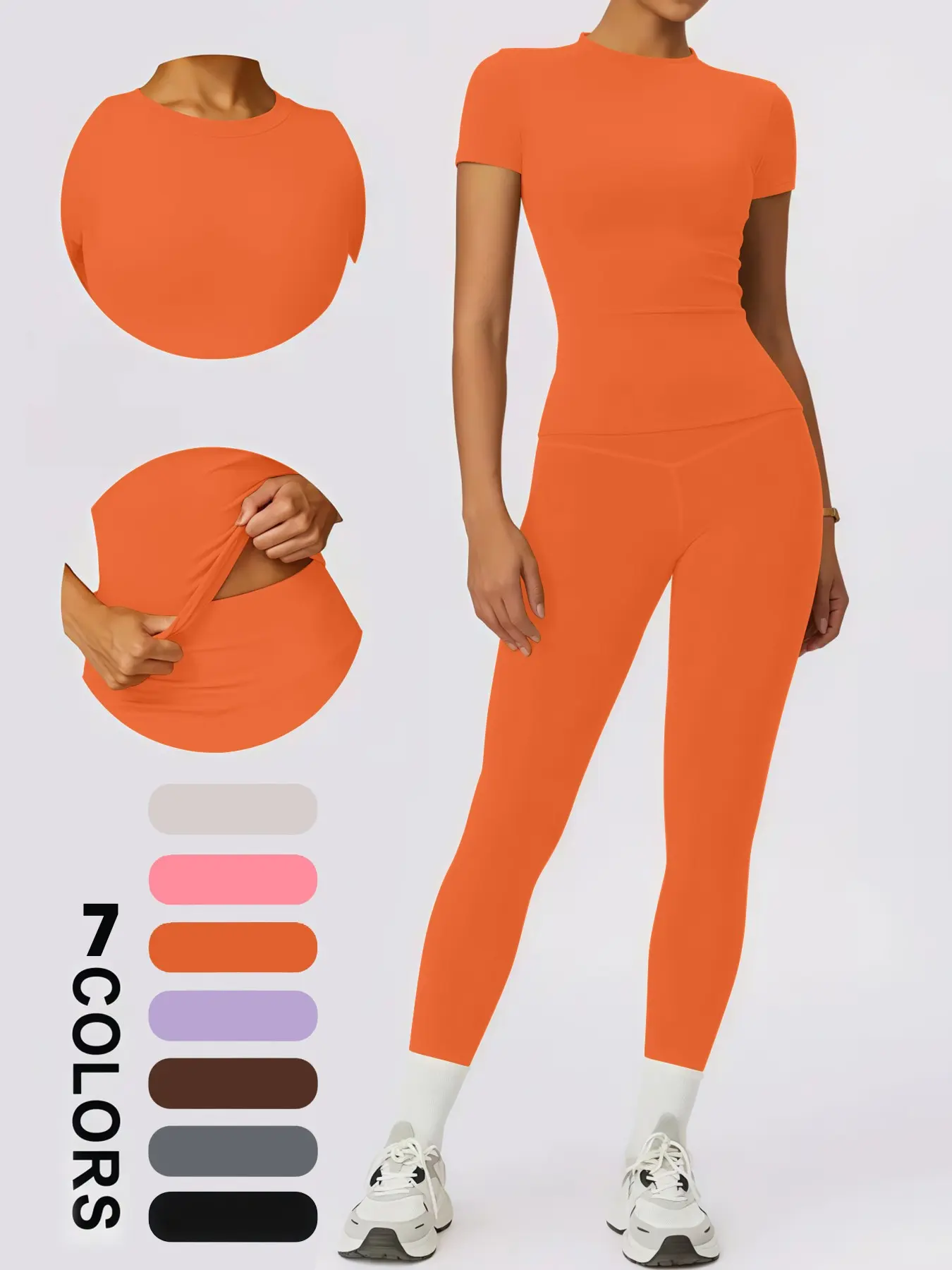 Women's 2 Piece Orange Yoga Set, Round Neck Short Sleeve Top & High Waist Leggings, Tummy Control Butt Lifting Workout Outfit, Breathable Quick Dry Activewear Yoga Clothes Set