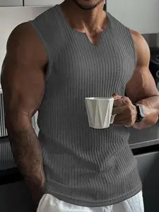 Men's Spring & Summer Outfits Plain V Neck Sleeveless Pullover Vest T-Shirt for Daily Wear, Gym Wear, Ribbed Texture, Casual Sporty Versatile Wear, Workout Apparel