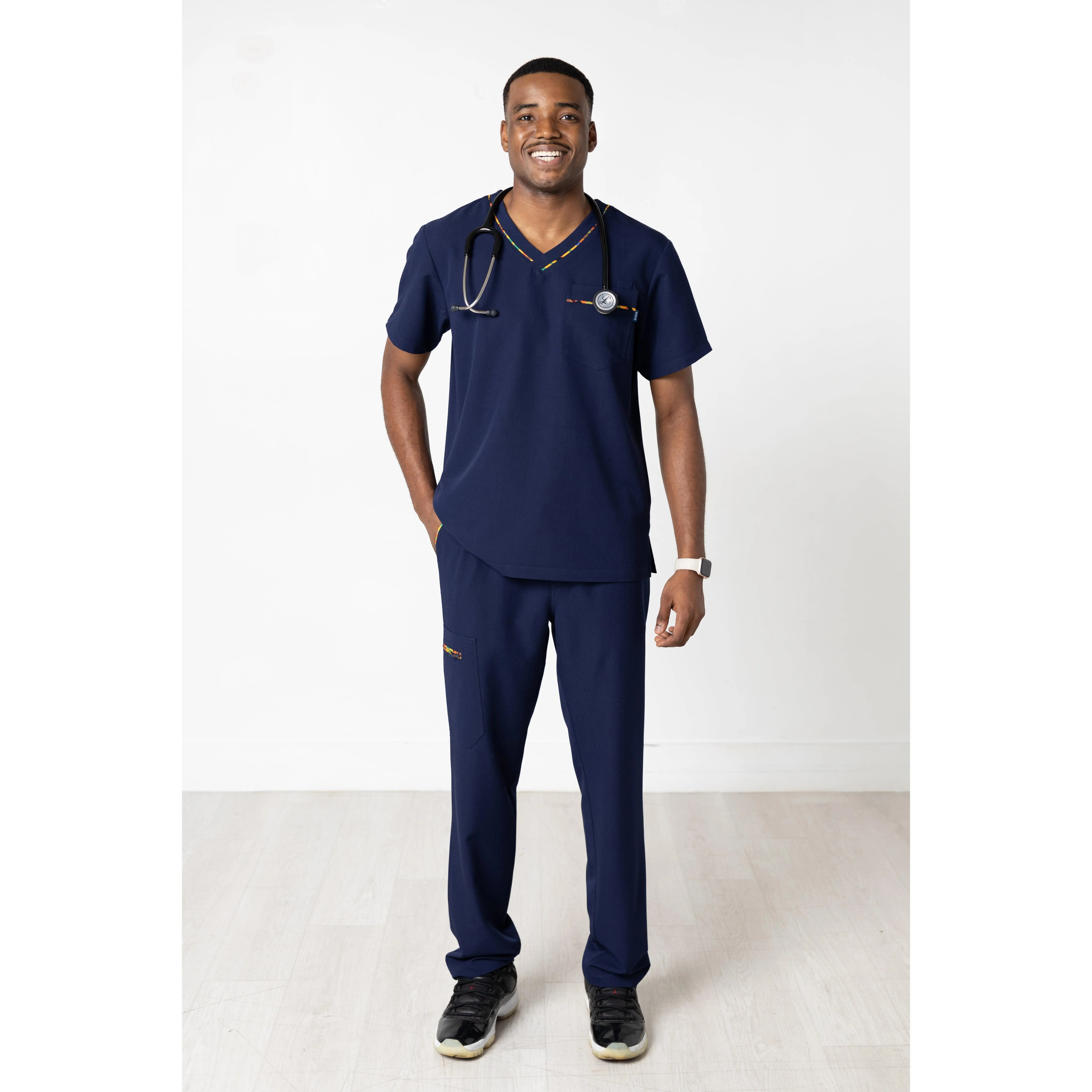 Men's Heritage Pop Stretch Scrubs Set - Navy Pants & Top, Professional Workwear Uniform with Pocketed Fabric, Menswear, Straight, Cargo