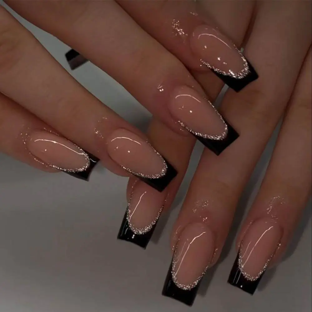 24pcs Medium Square Press-On Nails, French Style Glossy Finish, Reusable DIY Nail Art for Parties and Daily Wear, Shining Rhinestone, Nails Press Ons