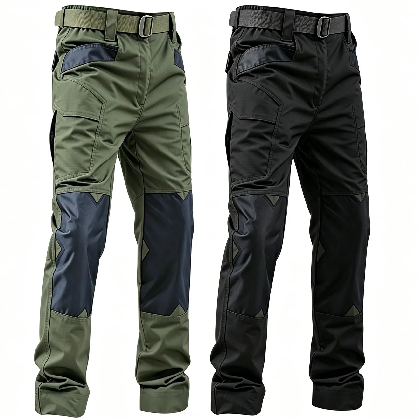 Men’s color-block tactical cargo work pants with multiple pockets and elastic cuffs with Velcro adjustment; available in various colors. Durable outdoor training pants suitable for fishing, hiking, camping, outdoor activities, work, and all seasons; belt