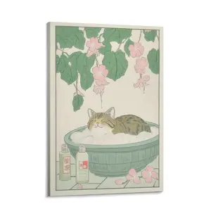 Japanese Tabby Cat in Bathtub Canvas Print, Neutral Minimalist Japandi Wall Art, Aesthetic Bathroom Cat Poster, Trendy Decor for Bathroom, Living Room, Bedroom, Dorm, Office, Guest Room, Cat Lover Gift