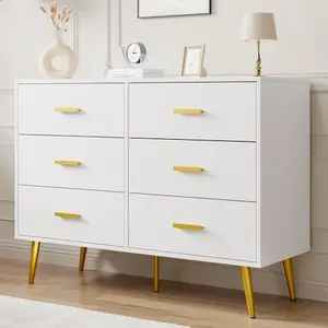 White 6 Drawer Dresser, Modern Wooden Dresser with Gold Handles and Storage Space, Chest of Drawers for Bedroom, Hallway, Living Room and Entryway