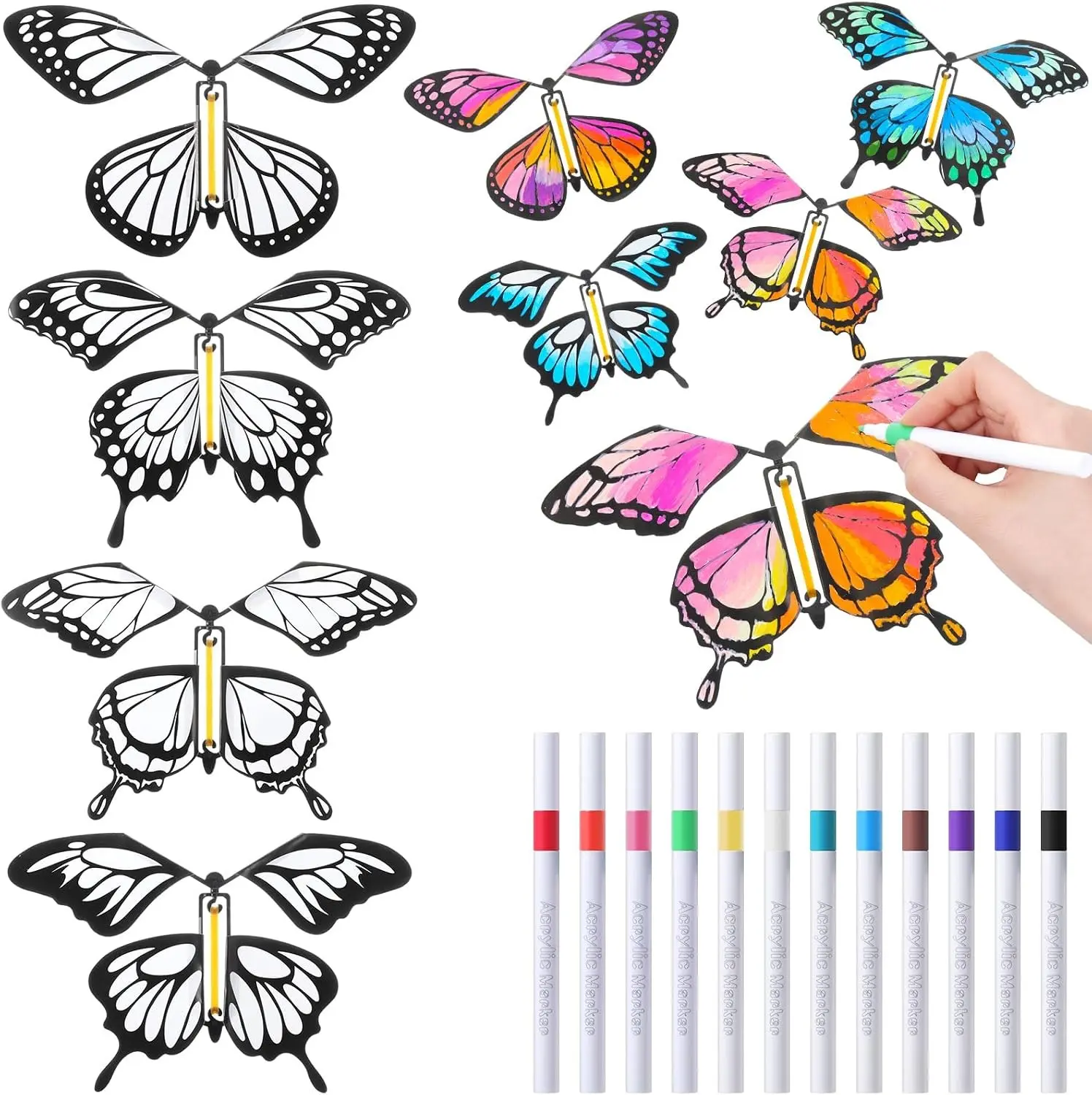 44 Pcs Flying Butterfly Craft Kit with 32 Wind up Butterflies, 12 Color Pens, White Painting Paper Butterflies DIY Toy for Party Game School Activity Birthday Gift (Style 3)