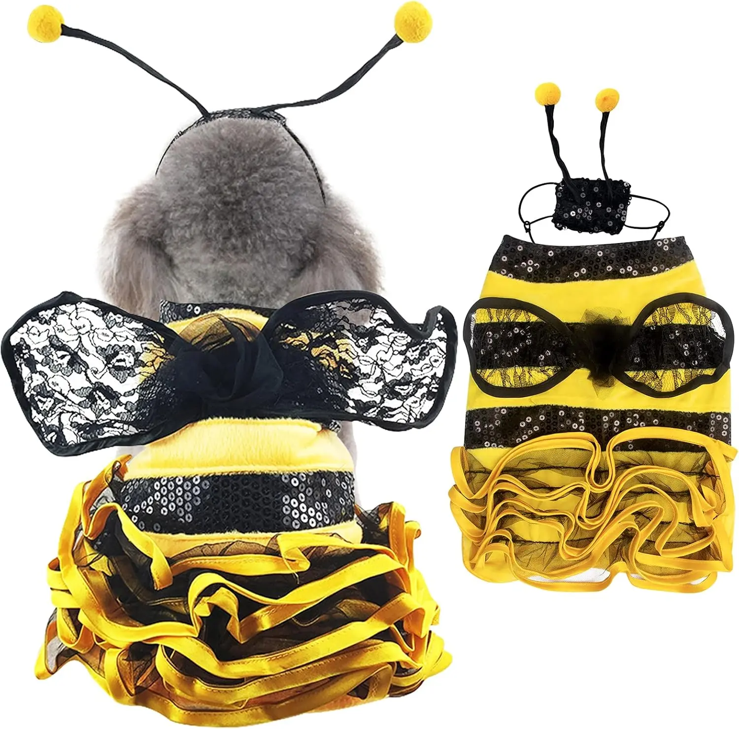 Pet Bumblebee Halloween Costume - Gold Fabric Dress with Adjustable Buttons & Cap, Adorable Look for Small/Medium/Large Dogs & Cats, Christmas Party Photo Prop, Adorable Bumblebee Look