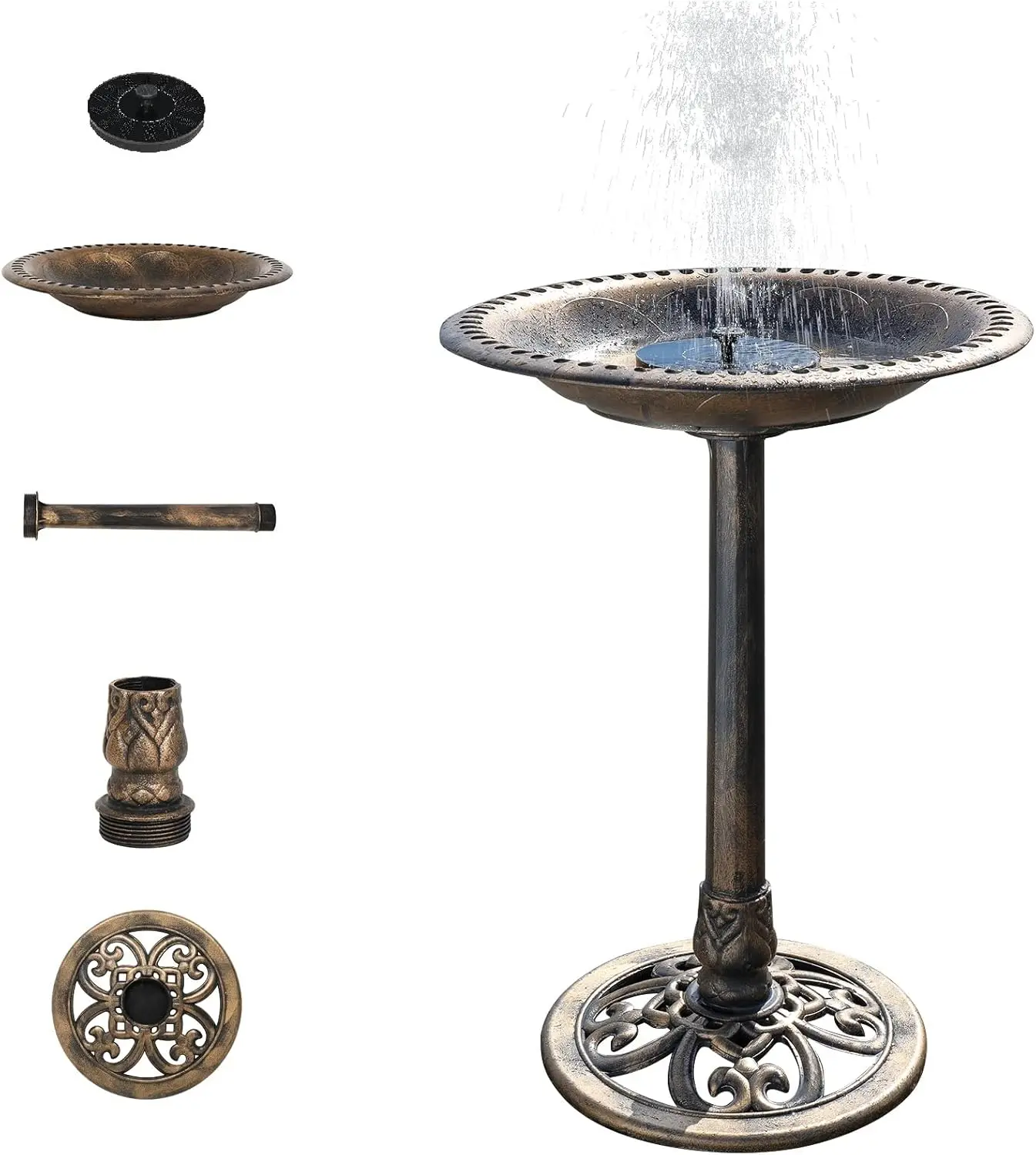 [Summervibes] VINGLI 28 Inch Bird Bath with Solar Fountain Antique Copper Weather Resistant Resin Pedestal Birdbaths Floral Accents and Vintage Finish Garden Decor for Outdoor Lightweight Courtyar