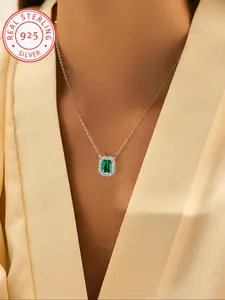 Elegant 925 Silver Necklace with Emerald Cubic Zirconia Pendant, Fashionable Gift for Mother's Day, Valentine's Day, Christmas