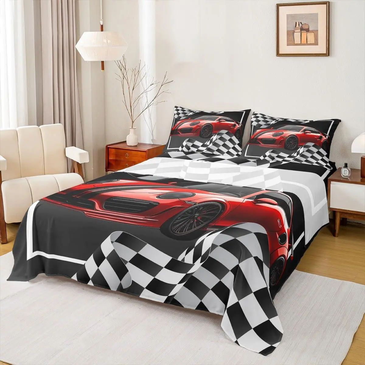 Red Race Car Sheet Set,Black and White Grid Bedding for Kids Teens Room Decor,Soft Breathable Extreme Sport Bed Sheet Set with Deep Pocket Fitted Sheet + Flat Sheet