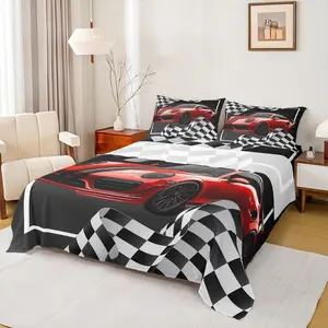 Red Race Car Sheet Set,Black and White Grid Bedding for Kids Teens Room Decor,Soft Breathable Extreme Sport Bed Sheet Set with Deep Pocket Fitted Sheet + Flat Sheet