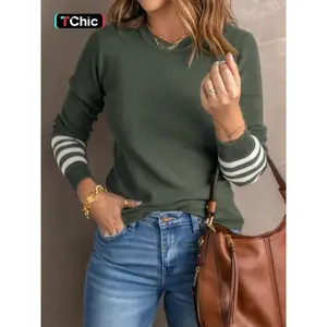 Women’s striped print sweater, casual long-sleeve crewneck jumper for spring and fall, fashionable women’s knitwear for everyday wear, tops