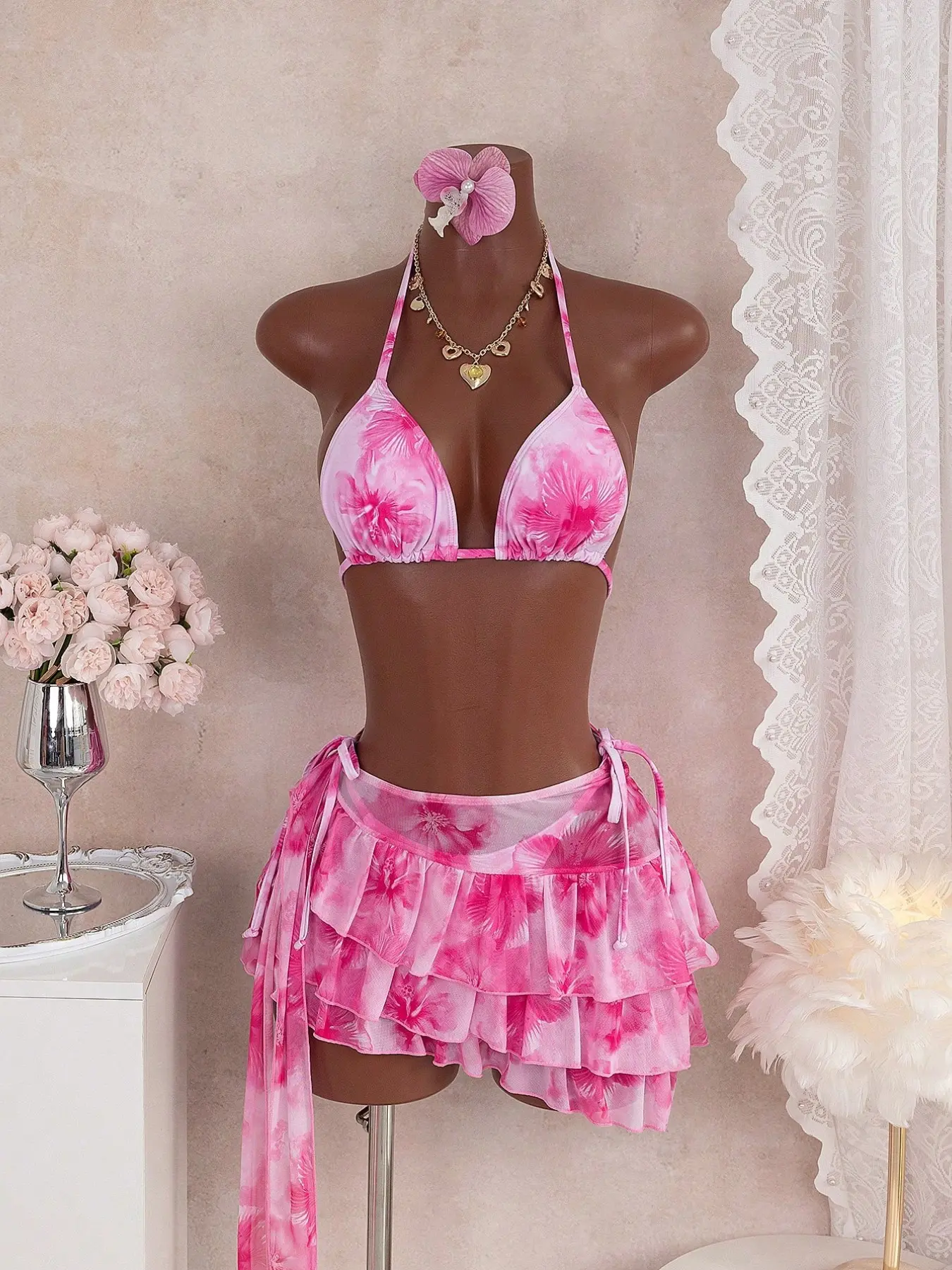 Women's Three-Piece Swimsuit Set, Sexy Halter Top + Ruffle Skirt + Shorts, Y2K Summer Swimwear, Floral Swimsuits, Swimsuit Outfits, Pool Party, Beach Vacation, Swim Sets