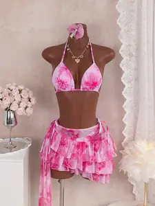 Women's Three-Piece Swimsuit Set, Sexy Halter Top + Ruffle Skirt + Shorts, Y2K Summer Swimwear, Pool Party, Beach Vacation
