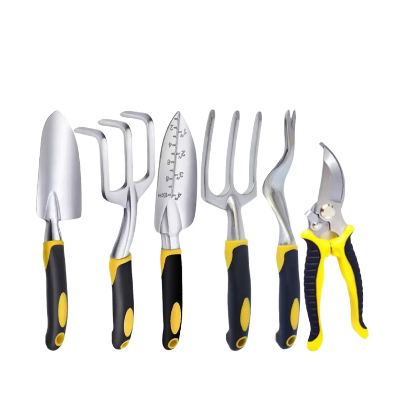 6-Piece Aluminum Alloy Garden Tool Set, Yellow-Black Handle Multifunctional Pruning Tools with  Metal Weed Puller, Lawn Sweeper & Shovel, Durable Construction, Creative Design, Essential Specialty Garden Supplies, None