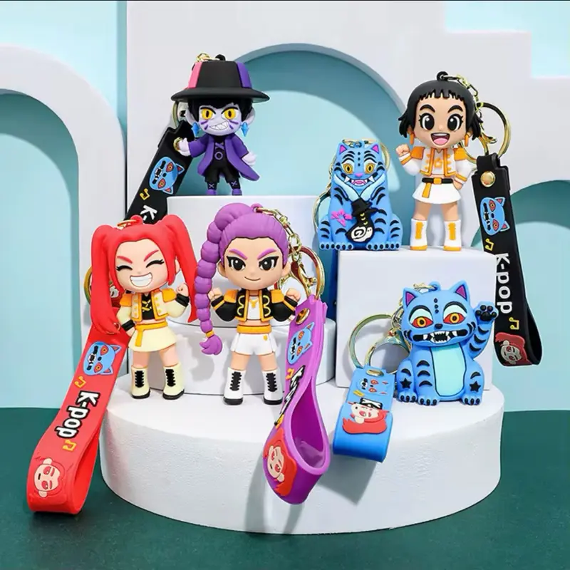 K-Pop Silicone Keychain with Wrist Strap, Kpop Chibi Figure & Tiger Mascot Keyrings, Cute Kpop Fan Gift, Backpack Photocard Holder Charm