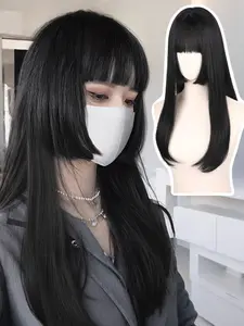 Princess Cut Long Straight Wig with Bangs, Anime Style, Synthetic Fiber, Straight Synthetic Wigs, Suitable for Role Play and Daily Wear, Parties, Festivals, Synthetic Hair Wig
