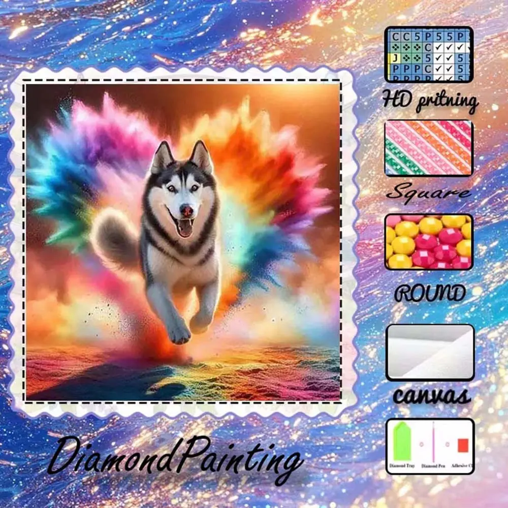DIY 5D flocked diamond painting kit, AB diamond, fairy dust diamond, crystal diamond, Husky, rainbow, dynamic diamond embroidery, special craft diamond art set, wall decoration, perfect gift for family, loved ones, and friends, DIY Craft Supplies.