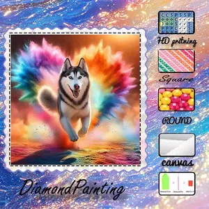 DIY 5D flocked diamond painting kit, AB diamond, fairy dust diamond, crystal diamond, Husky, rainbow, dynamic diamond embroidery, special craft diamond art set, wall decoration, perfect gift for family, loved ones, and friends, DIY Craft Supplies.