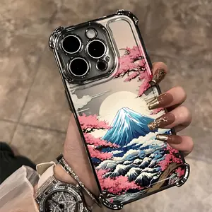 Cherry Blossom Mount Fuji Cloud Scenery Phone Case Suitable for iPhone 16, 15, 14, 13, 12, 11 Pro Max, X, XR, XS Max, 8, 7 Plus Electroplated Anti-Drop Transparent Soft Back Cover