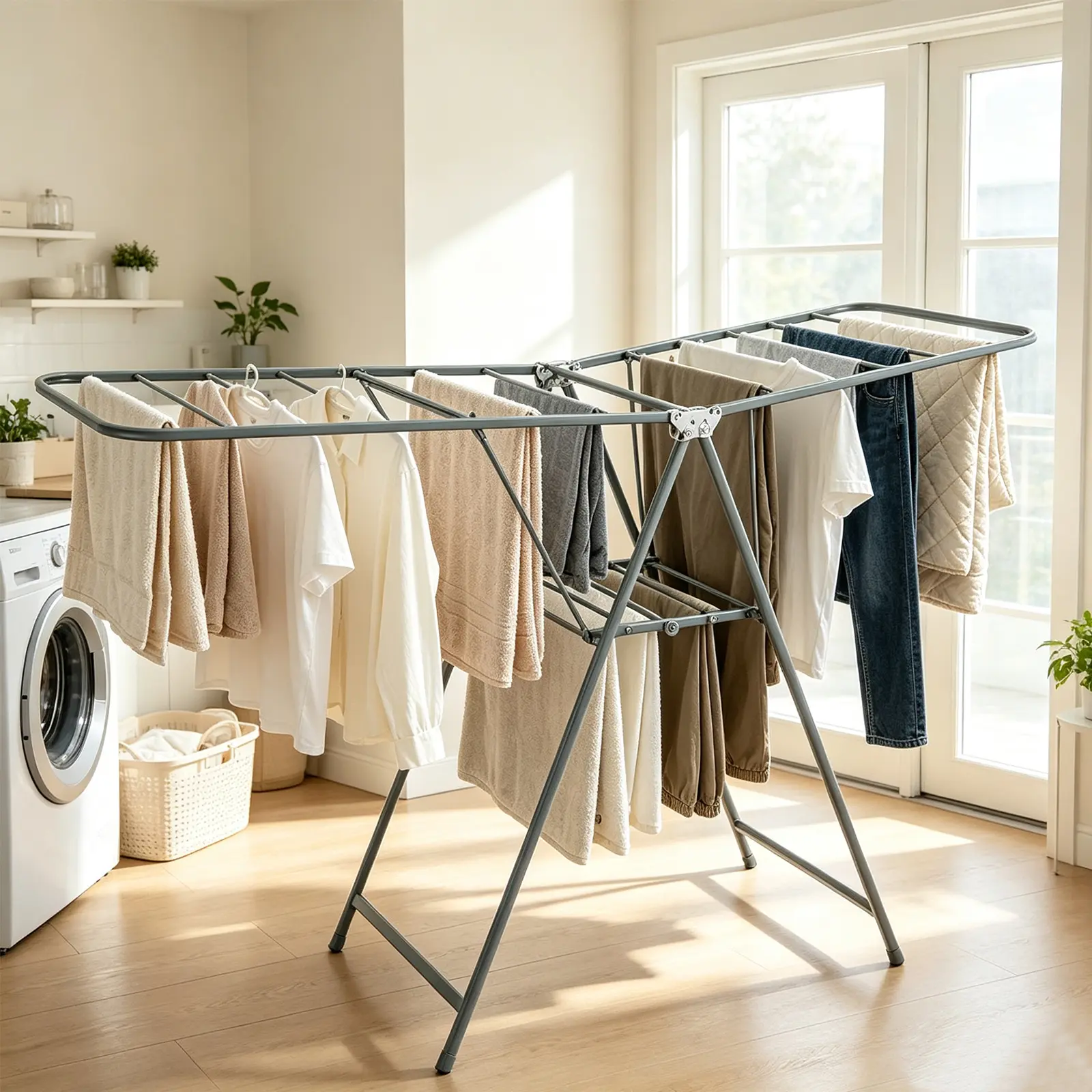 Foldable Portable Clothes Drying Rack, Stainless Steel Laundry Airer with Height-Adjustable Gullwings, Indoor Outdoor Use, No Assembly Required