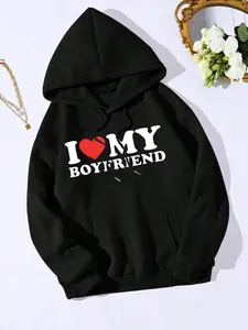 I Love My Boyfriend Print Hoodie, Fashion Casual Letter Print Hooded Sweatshirt for Daily Holiday Outdoor Wear, Girls Clothing for All Seasons, Long Sleeves