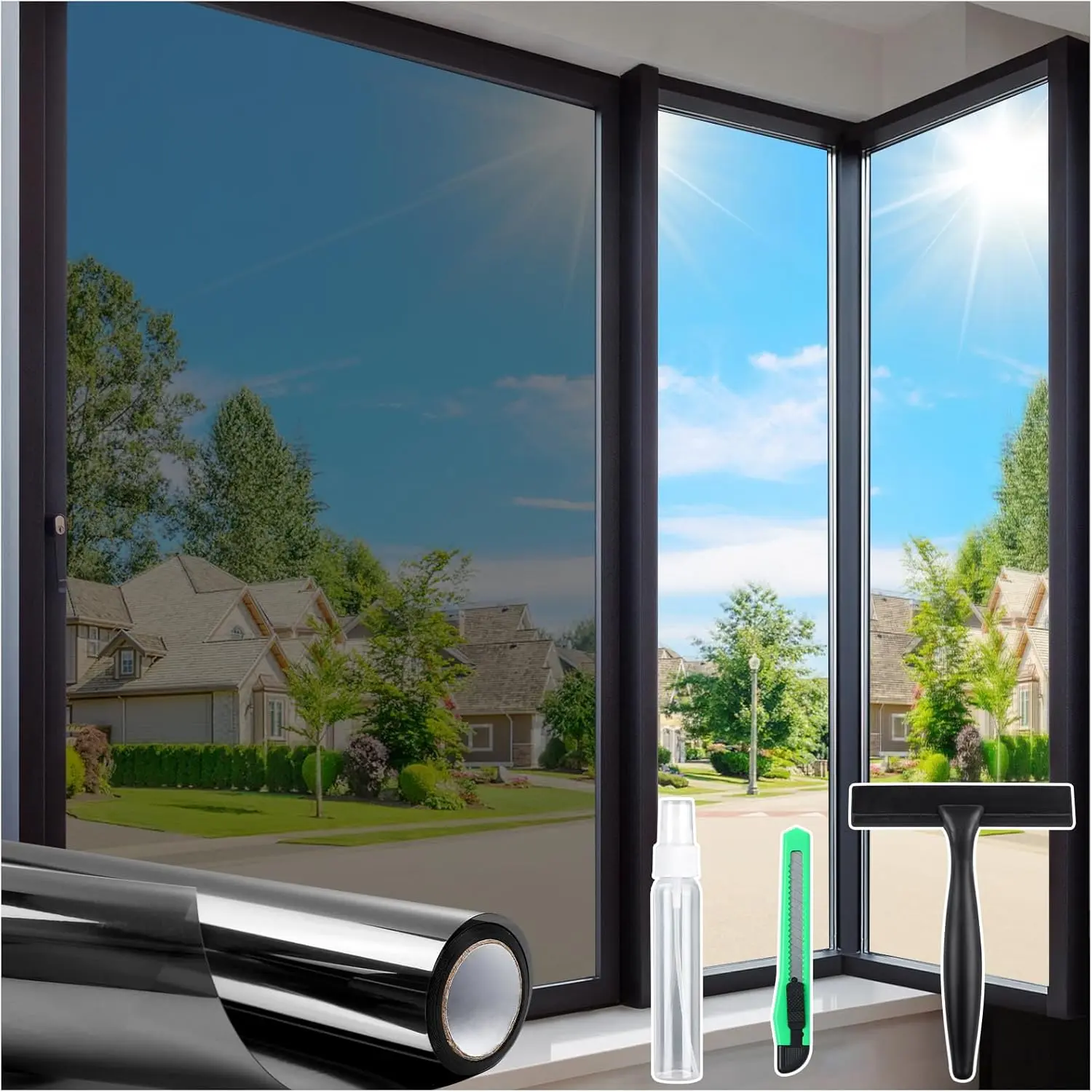 One Way Privacy Window Film with Tool Window, Tint for Home Heat Control, Sun Blocking Anti UV Mirror Reflective Covering See Out Not in Static Cling No Glue Black-Silver 17.5" x 78.7"