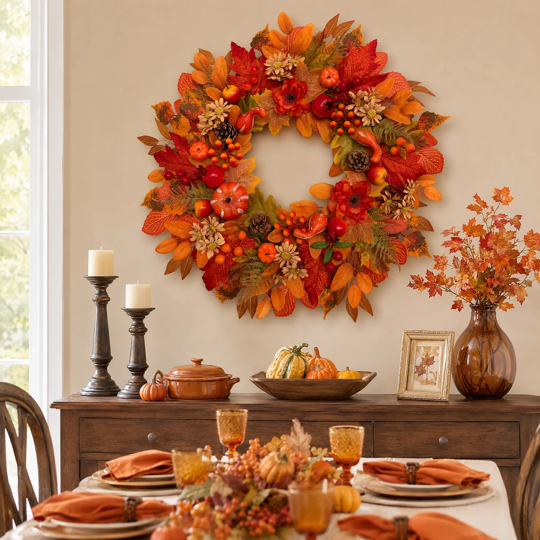 24 Inch Fall Front Door Wreath - Autumn Farmhouse Decor with Pumpkins, Apples, Pomegranates, Maple Leaves, Berries for Porch, Thanksgiving, Harvest, Wall Decor