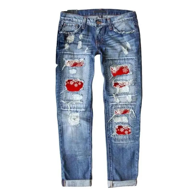 Christmas Jeans Printed New Ripped Women Straight Leg Jeans Casual Womenswear