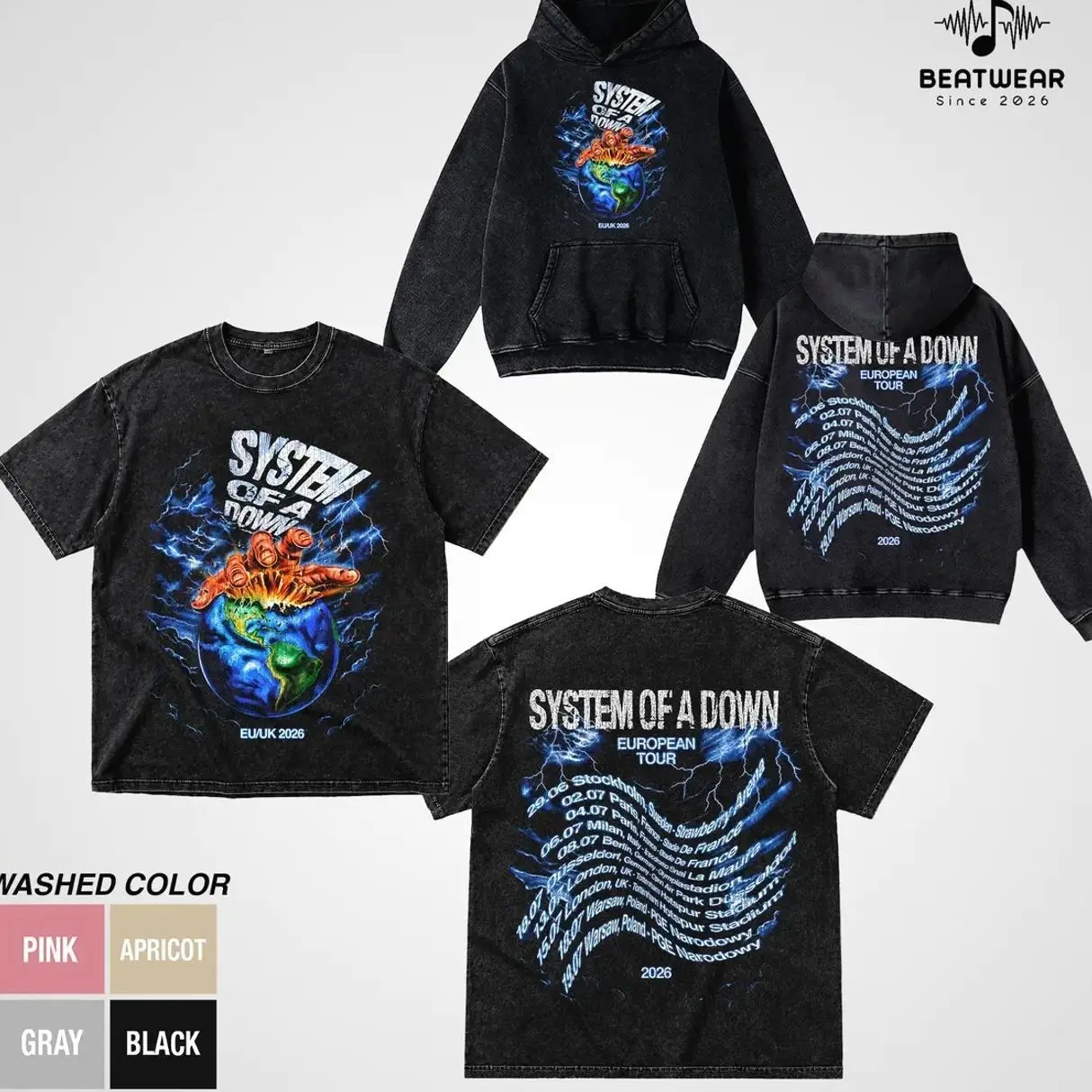System Of A Down European Tour 2026 Washed Vintage T-Shirt & Hoodie, SOAD Band Unisex Shirt, Heavy Metal Rock Band Tee, EU/UK Tour 2026 Graphic Tee, Vintage Washed Cotton T-Shirt, Casual Short Sleeve Music Fan Apparel MGY
