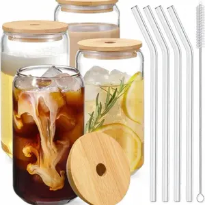 4PCS Glass Cups With Bamboo Lids And Straws 16OZ Ice Coffee Cup Drinking Cup Set For Beer Cocktail Tea And Latte Clear Home Essential Tumblers