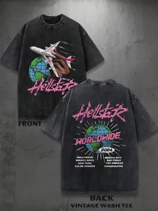 Men's Dark Gray "Hellstar Worldwide 2024" Vintage Wash Graphic Oversized T-Shirt - Hot-Selling Streetwear for Relaxed Trendy Looks, Perfect for Daily Casual & Urban Style, Trendy Pick with Bold Dual-Side Print & Comfortable Soft Fabric Fit